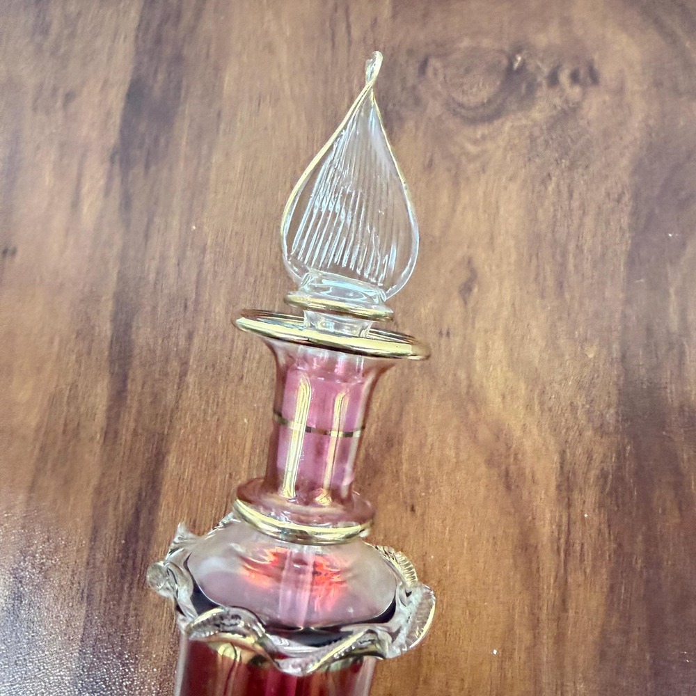 Hand Blown Egyptian Art Glass Perfume Bottle Cranberry Red Gold 12 Inch VTG 90s - Picture 3 of 13